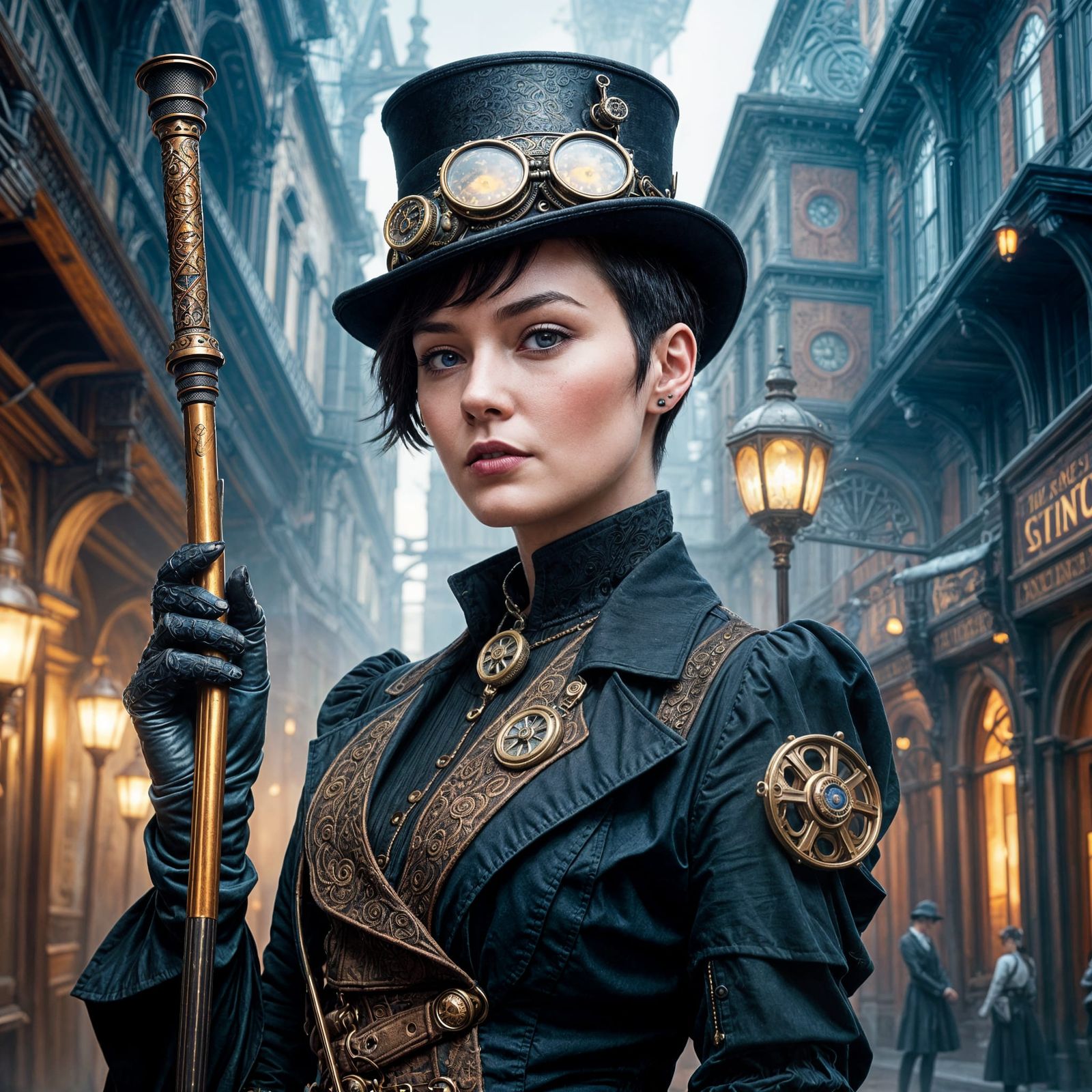 Steampunk Woman with Cane in Detailed Matte Painting