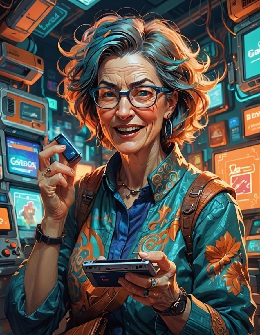 Addicted Woman Playing Gameboy: Matte Painting