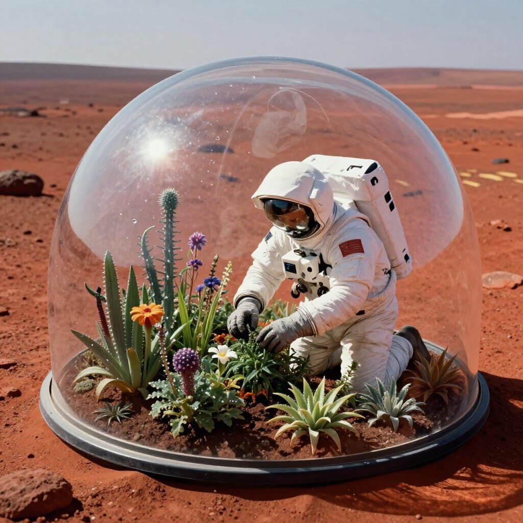 Astronaut Tends Martian Garden in Sci-Fi Style