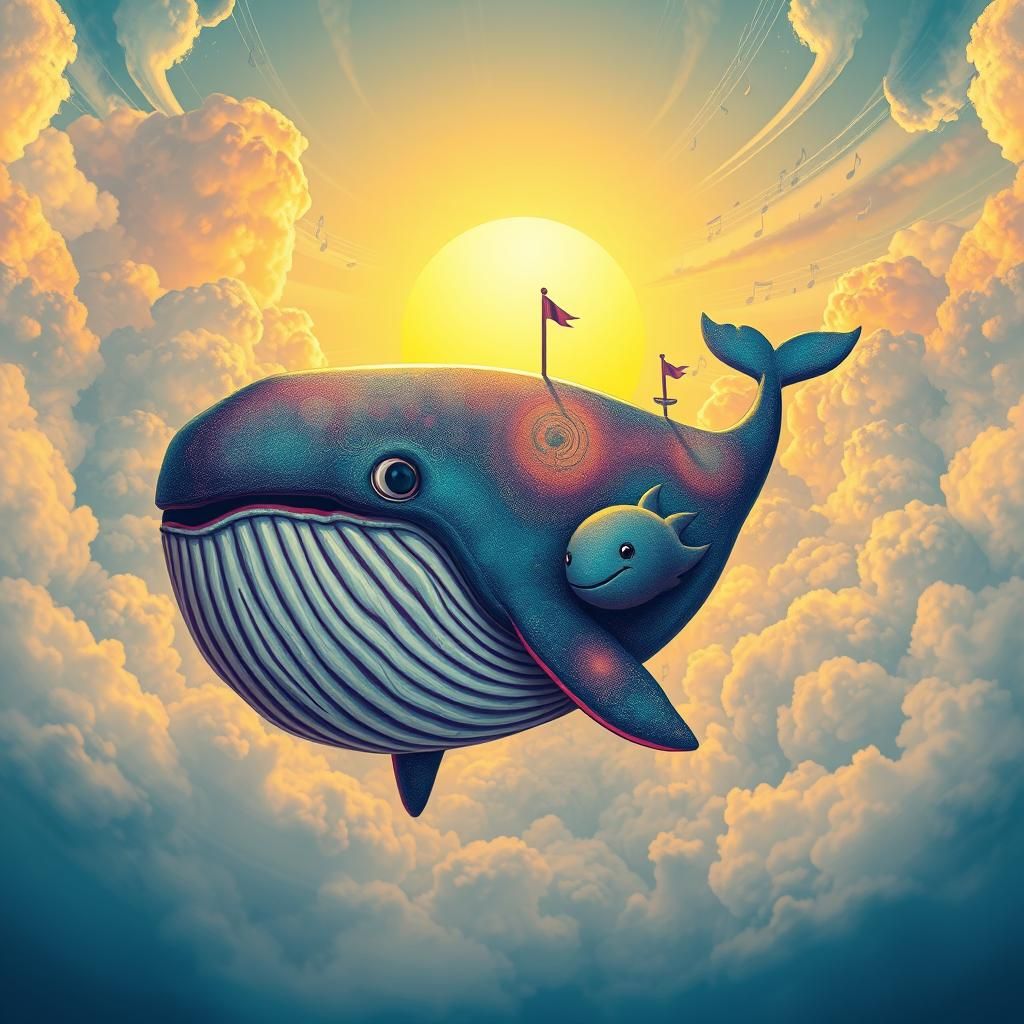 Whale Caricature in Sunny Sky: Hyperrealistic Digital Art