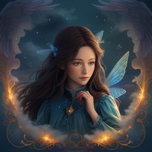 Blue Fairy with Brown Hair Flying Amidst Clouds