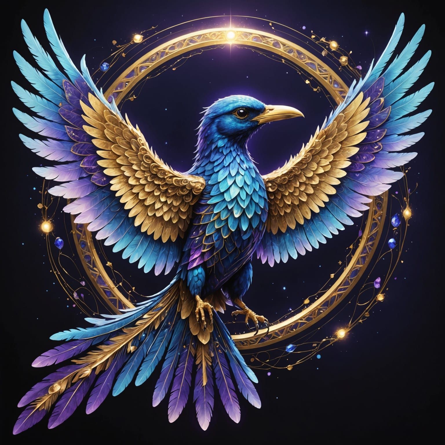 Radiant Fantasy Bird Soaring Through Ethereal Sky