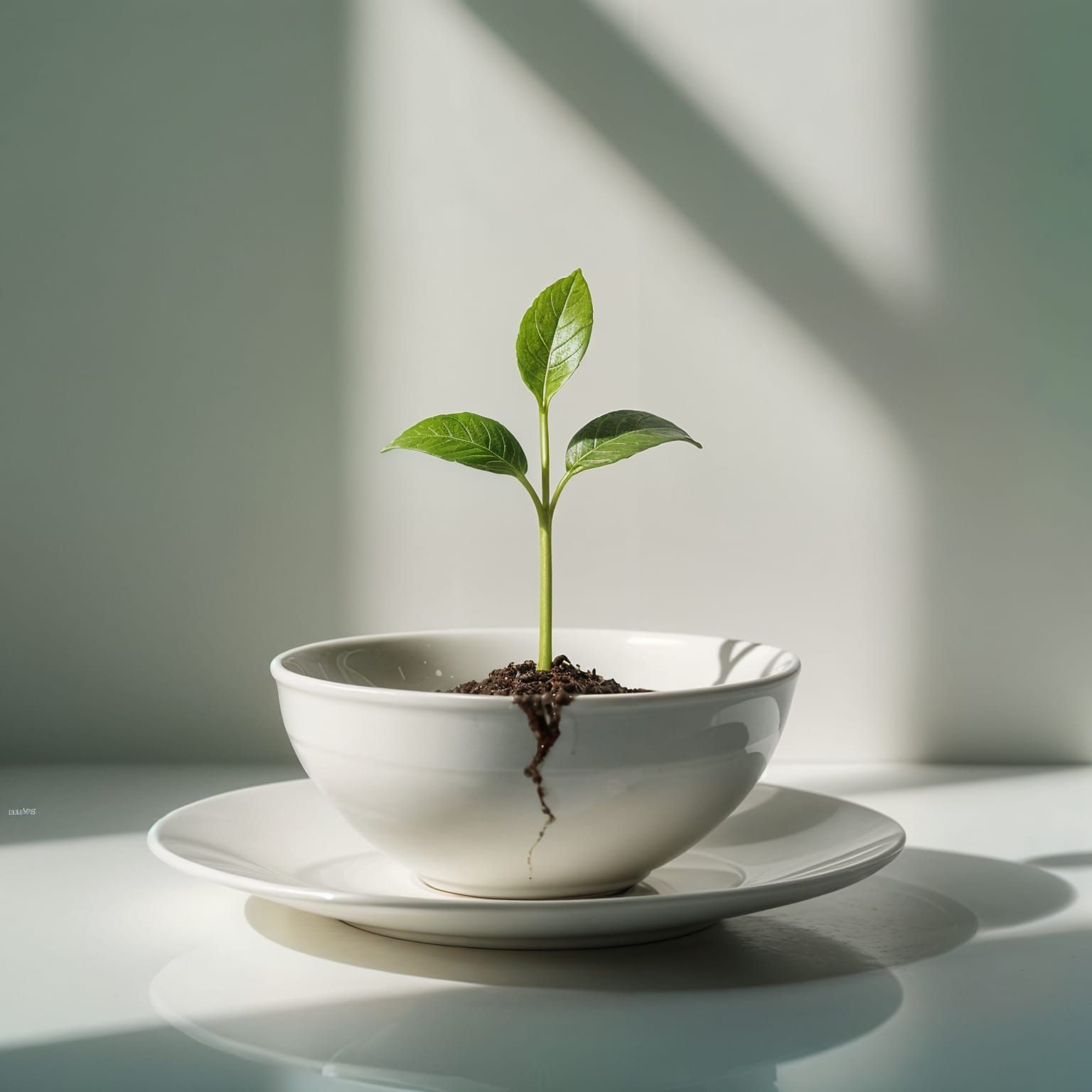 Delicate Sprout on Porcelain: Minimalist Still Life