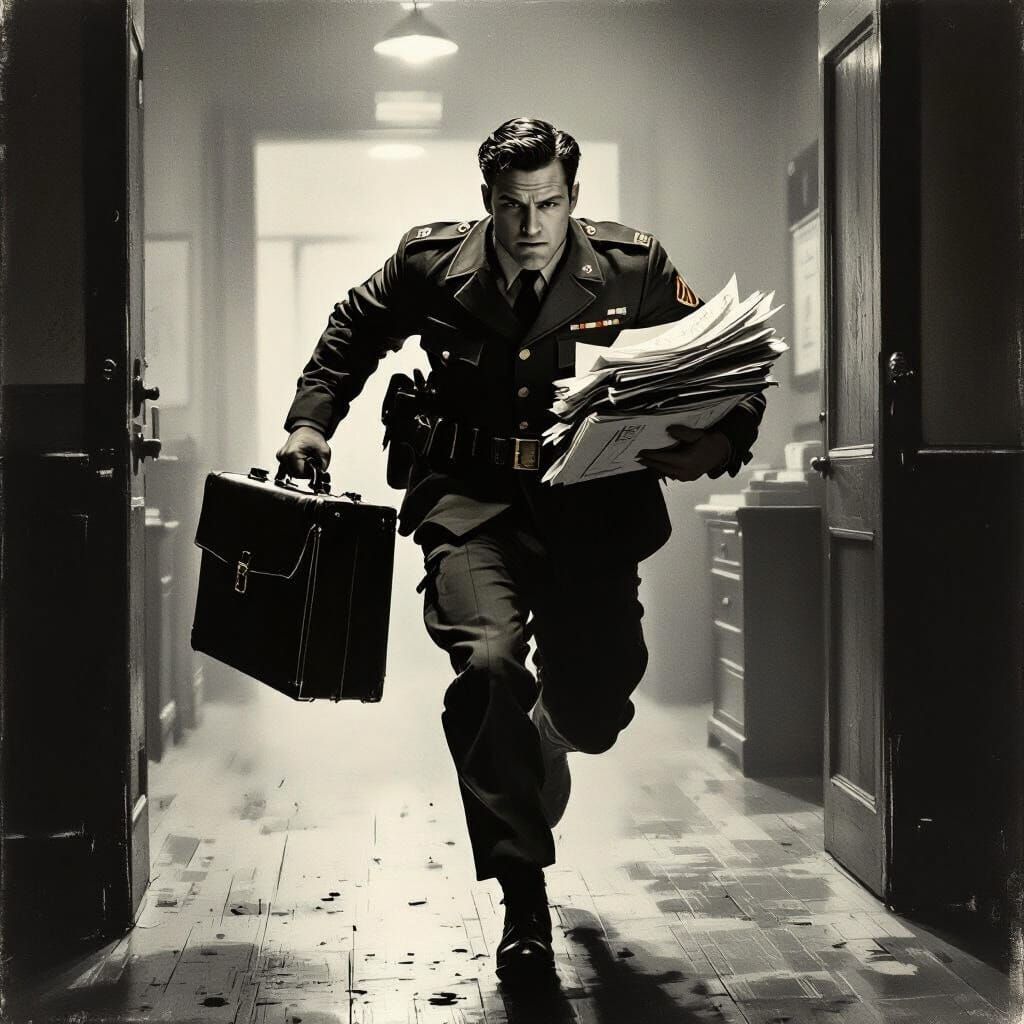 Soldier Rushing Into Vintage Office With Coffee-Stained Unif...