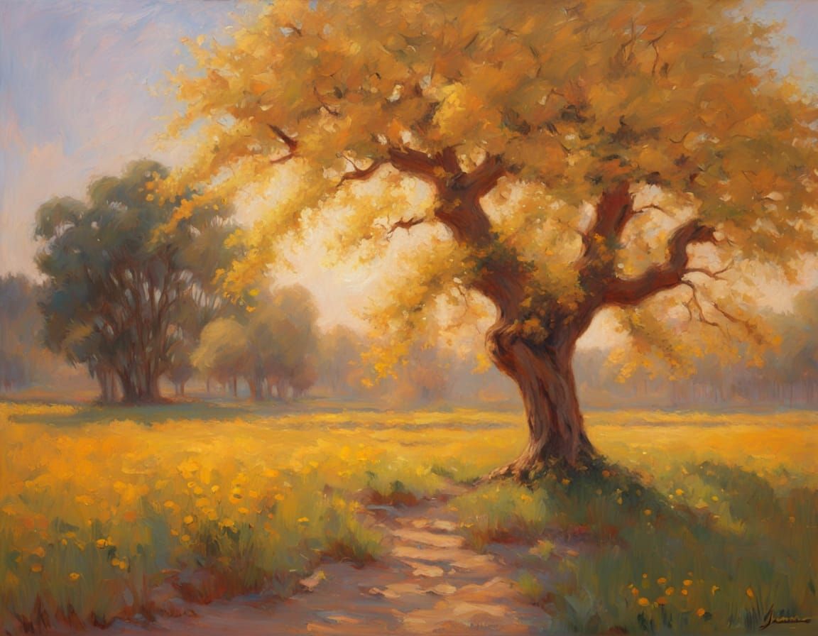 Golden Apple Tree in Impressionist Landscape