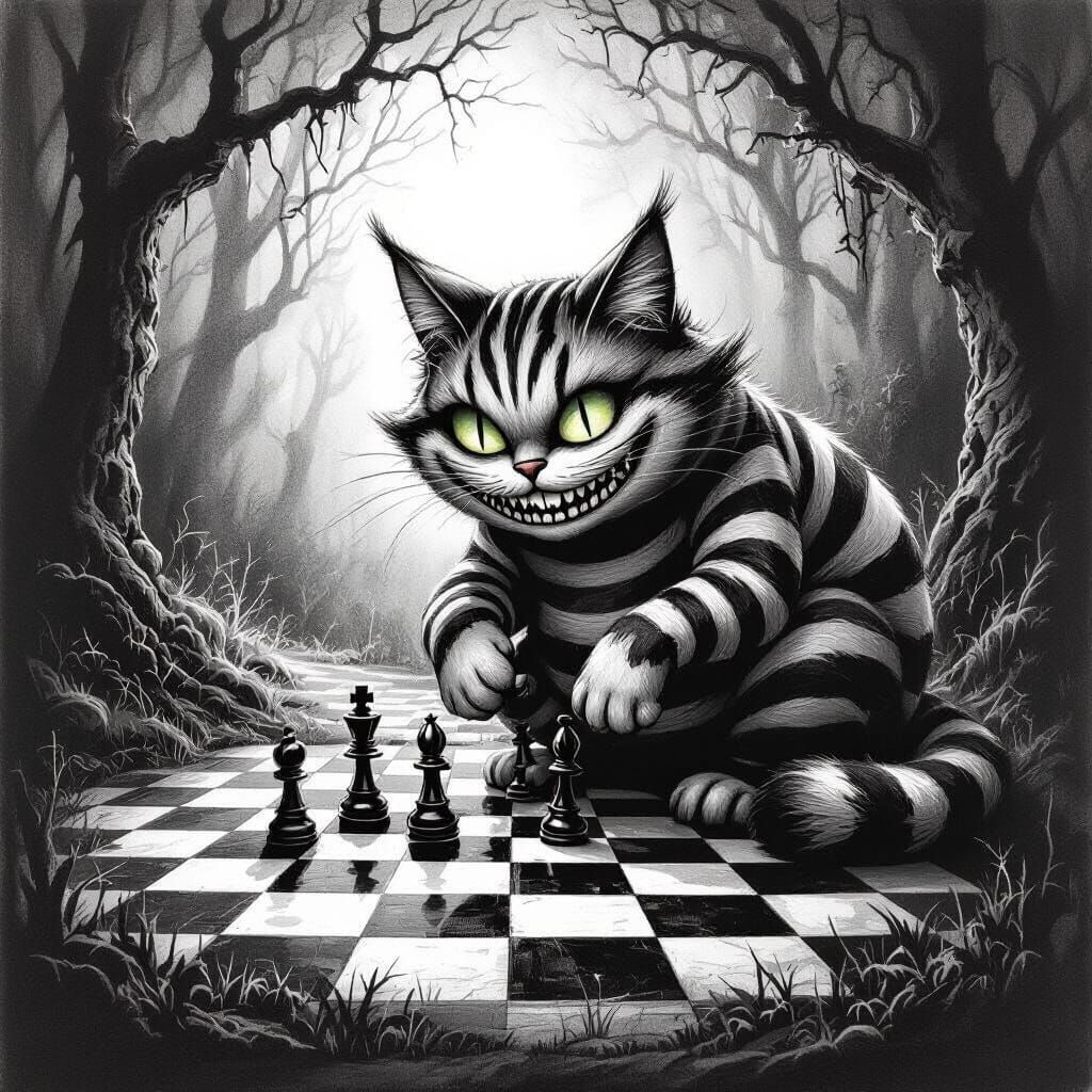 Cheshire Cat Playing Chess in Charcoal Drawing Style