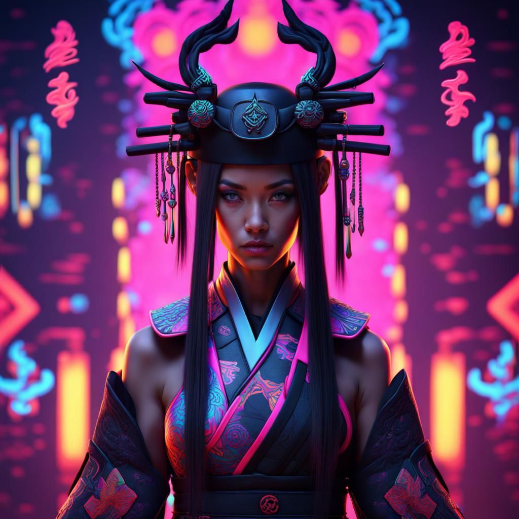 samurai woman, neon art