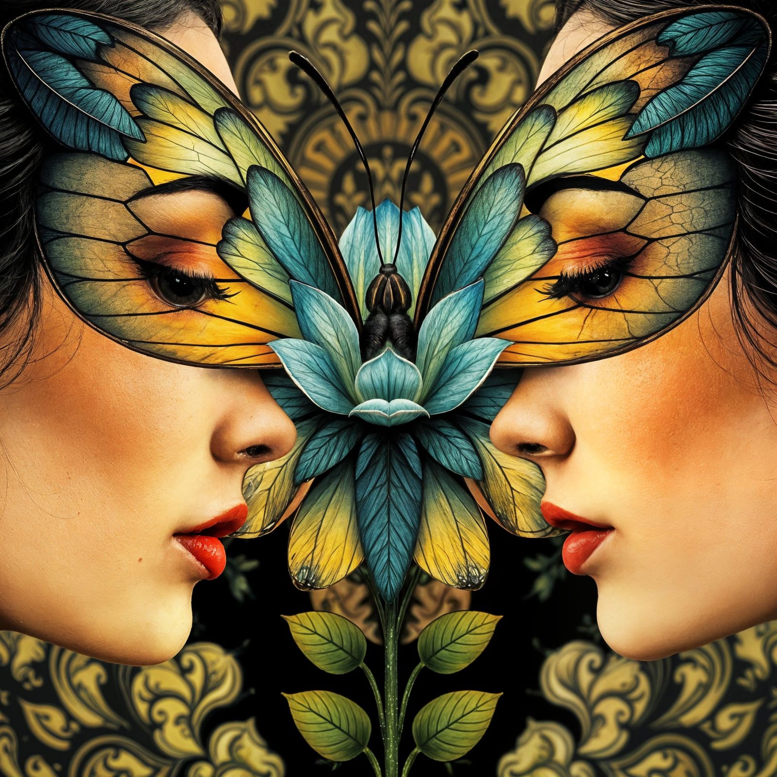 Two Women as Butterfly Wings in a Blooming Floral Scene