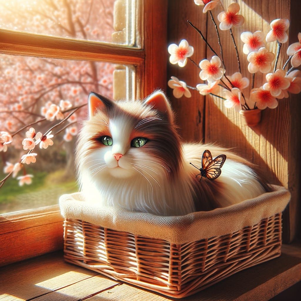 Cozy Spring Morning Scene with Cat and Cherry Blossoms