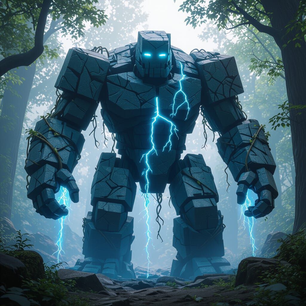 Massive Stone Golem with Cyan Energy and Vines