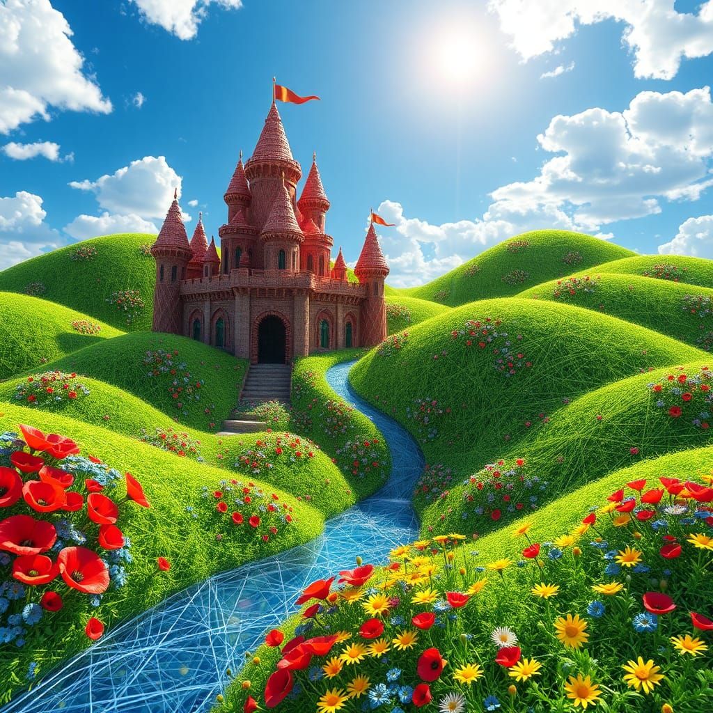 Whimsical Wool Castle in Lush Anime Landscape