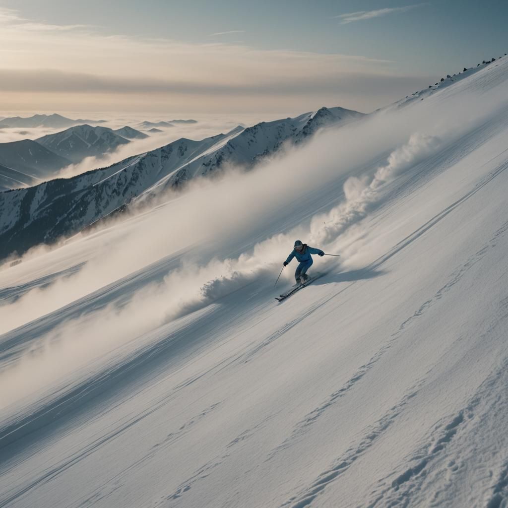 Lone Skier Descends Misty Mountain Slope