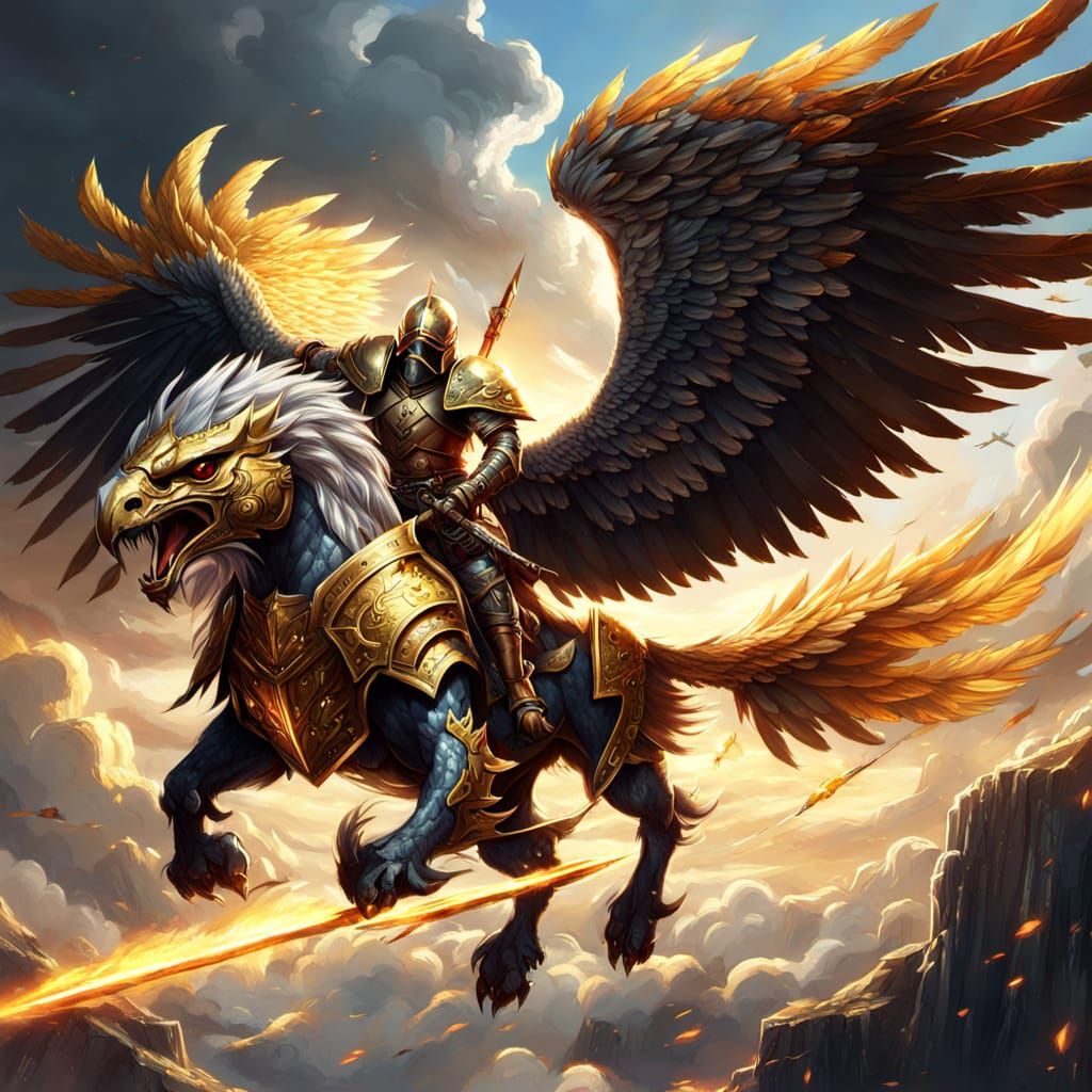 Knight on Armored Gryphon in Epic Battle