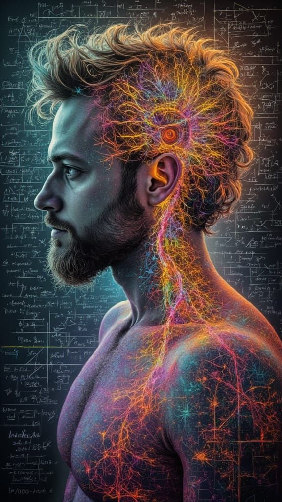 Fractal Faced Man with Rainbow Lightning in Dark Fantasy Sty...