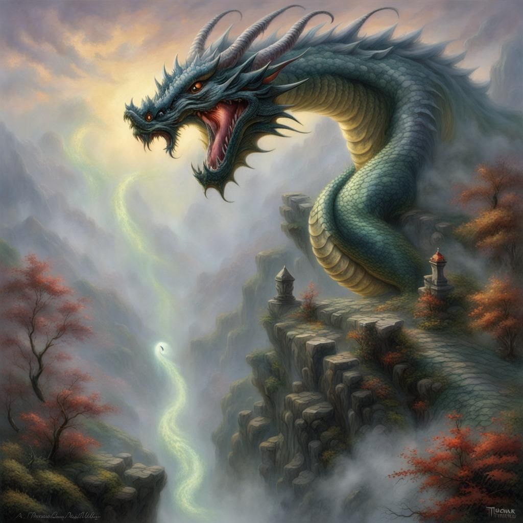 Sinister Dragon Emerges from Misty Ethereal Landscape
