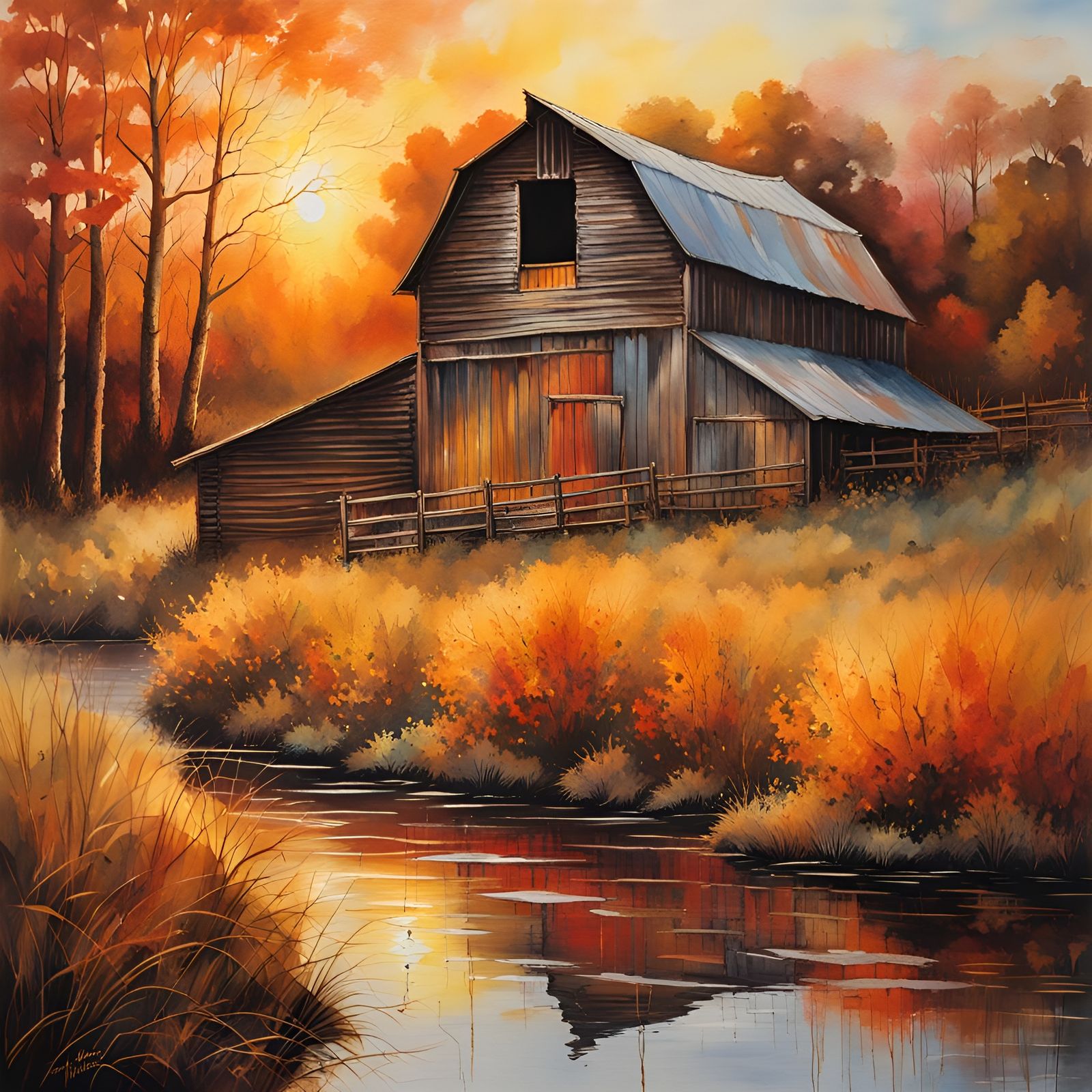 Hyperrealistic Barn at Sunset in Watercolor Style