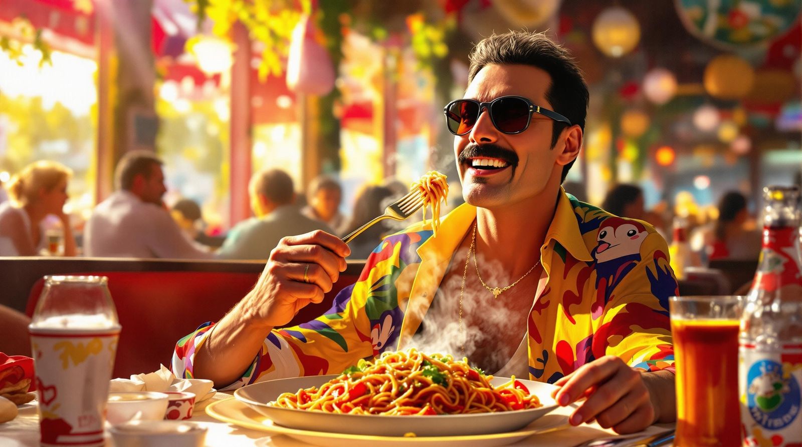 Freddie Mercury Enjoying Spaghetti in an Italian Restaurant
