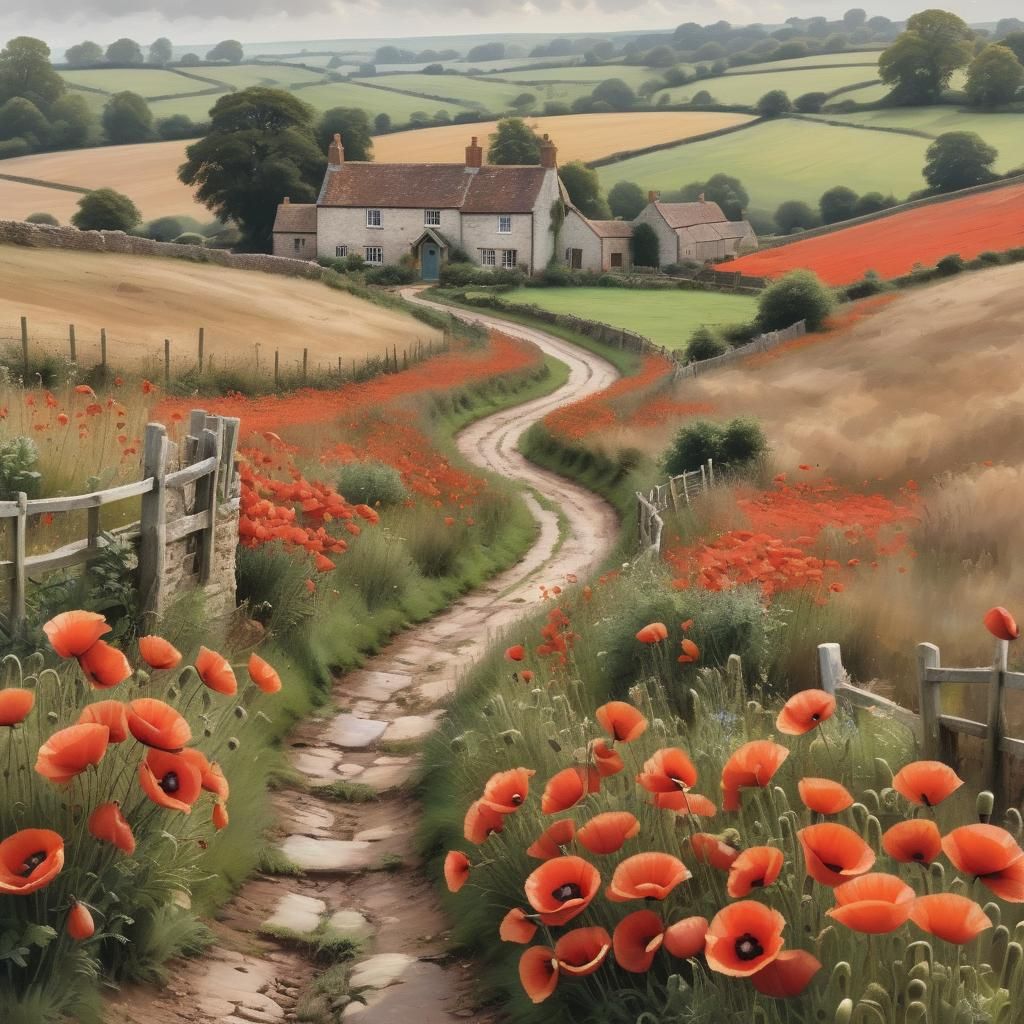Poppies in English Countryside, Classical Style