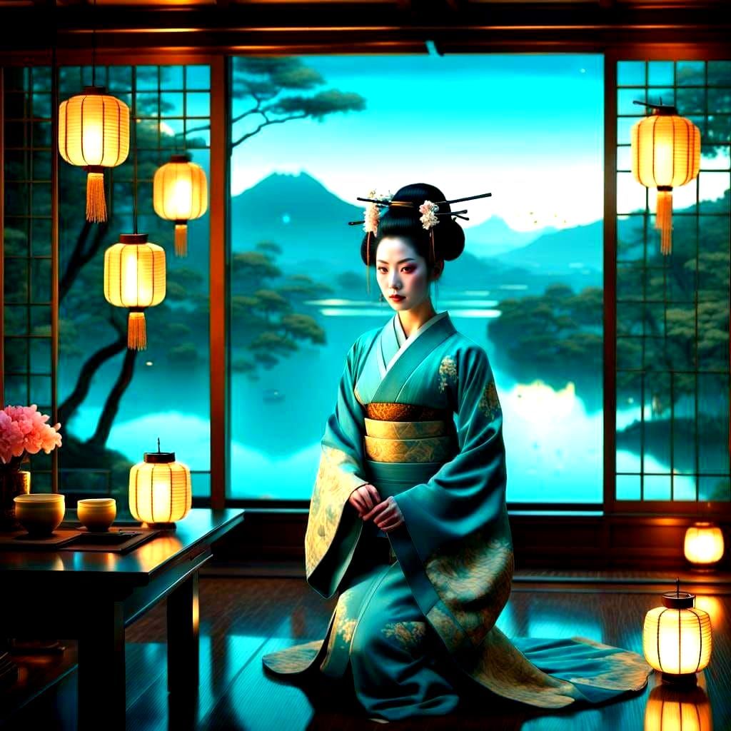 Bioluminescent Geisha in Teal Tea Room