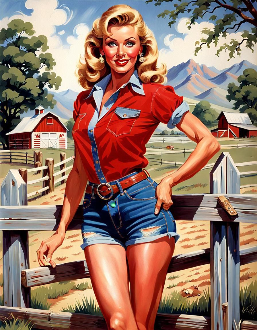 Vintage Pin-Up Girl on Farm, Elvgren Style