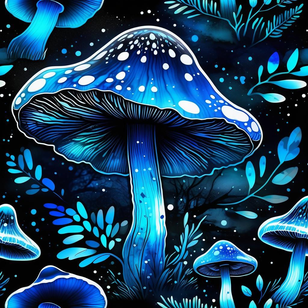 Blue Bioluminescent Mushroom in Dark Woods