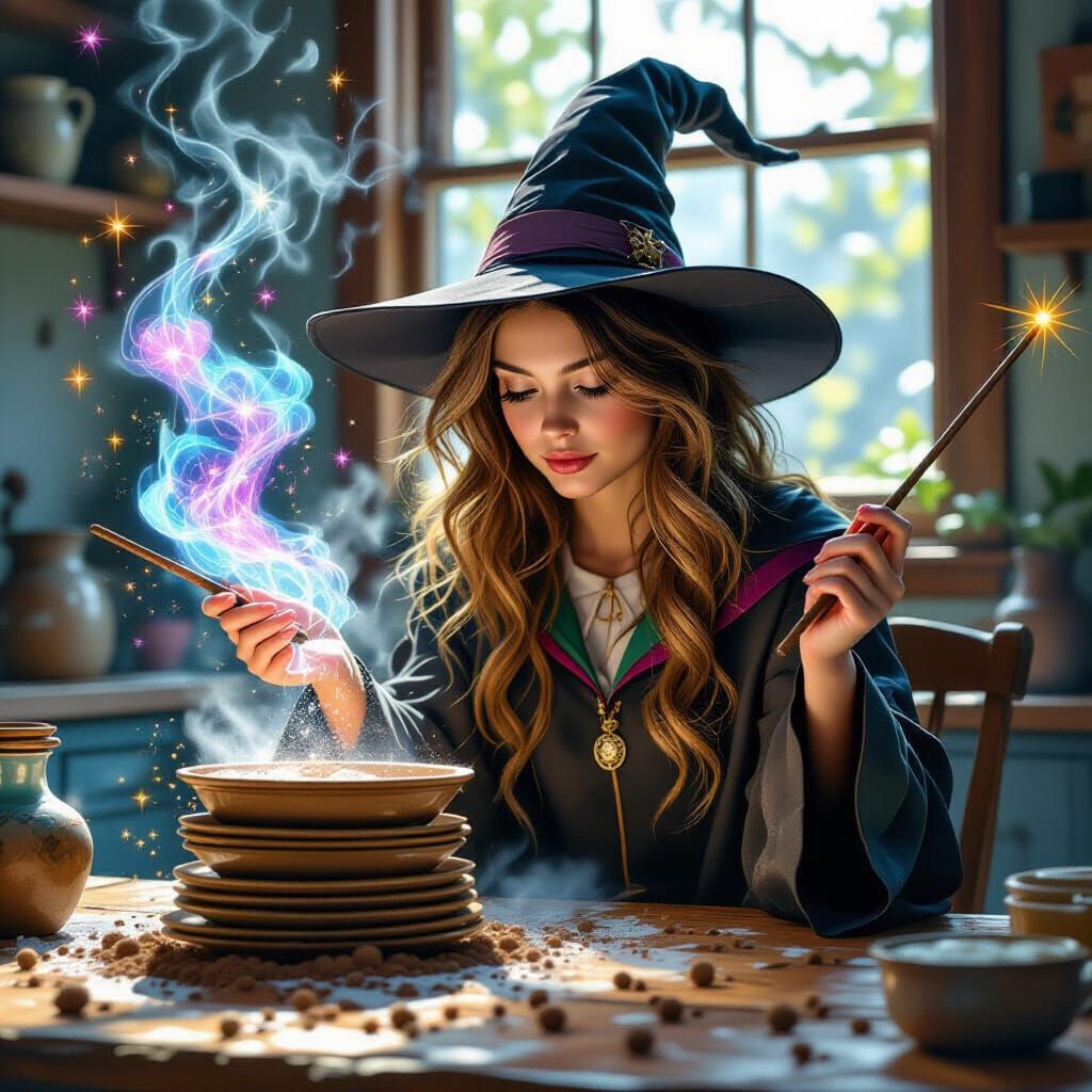 Young Witch Cleans Floating Plates with Magic
