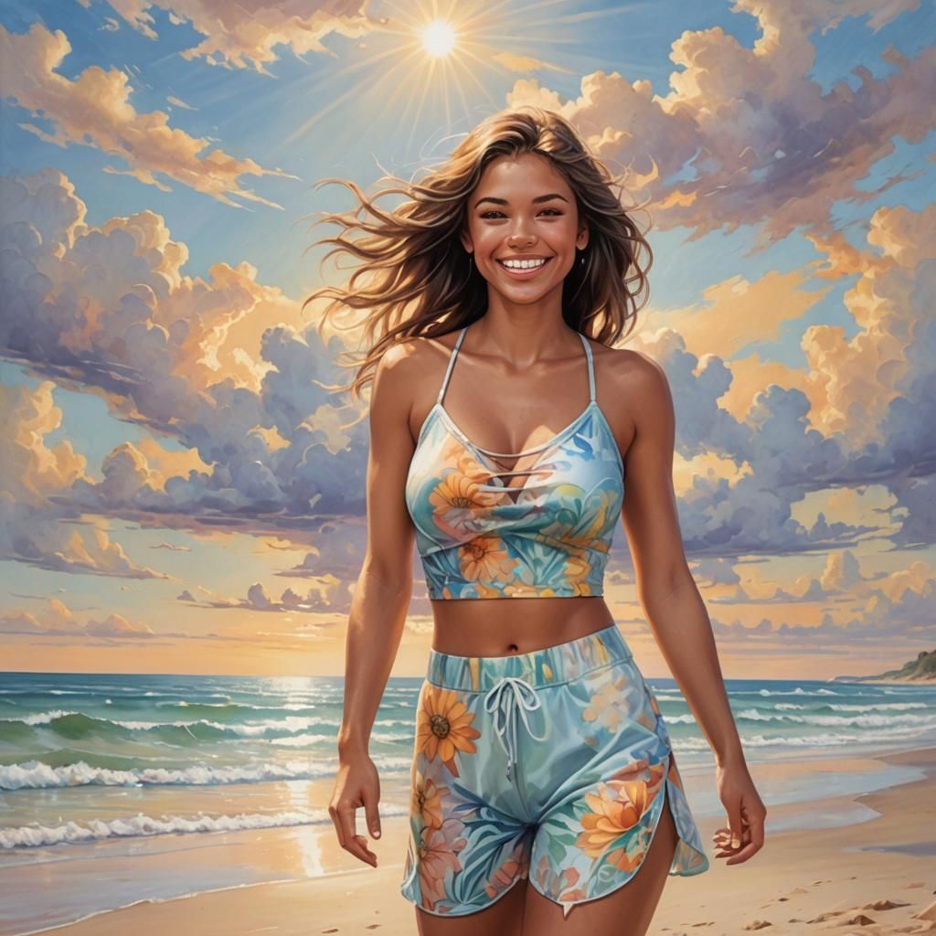 Happy Woman on Beach in Jody Bergsma Style