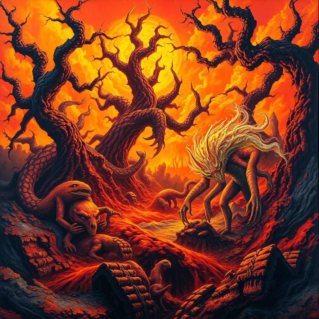 Surreal Dreamworld Ablaze with Crimson Monstrosities