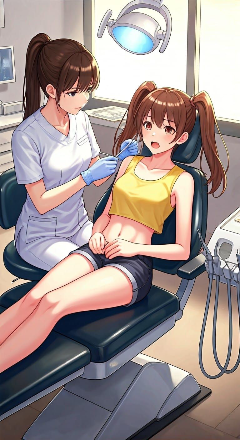 Young Woman in Anime-Style Dentist's Chair