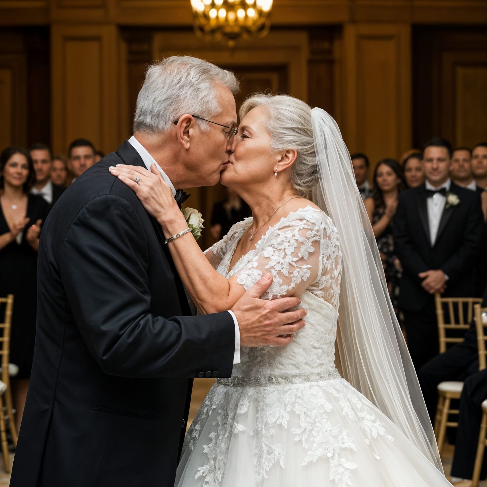 Elderly Couple's Wedding Day Kiss