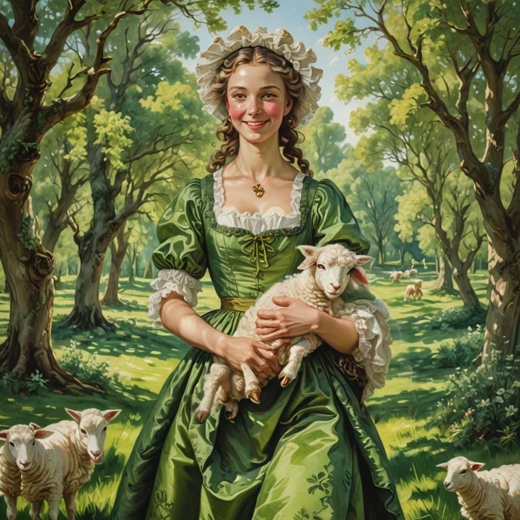 Idyllic Rococo Shepherdess with Lamb in Meadow