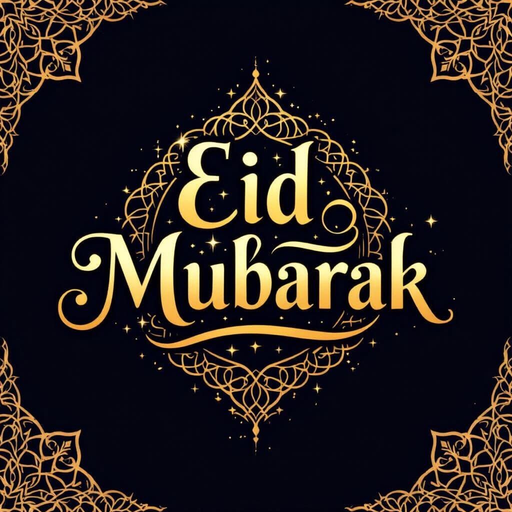 Luxurious Eid Mubarak Gold Typography on Black Background