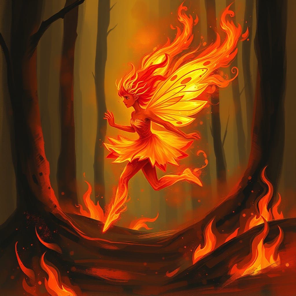 Fire Sprite Runs Through Forest Fire in Impressionism