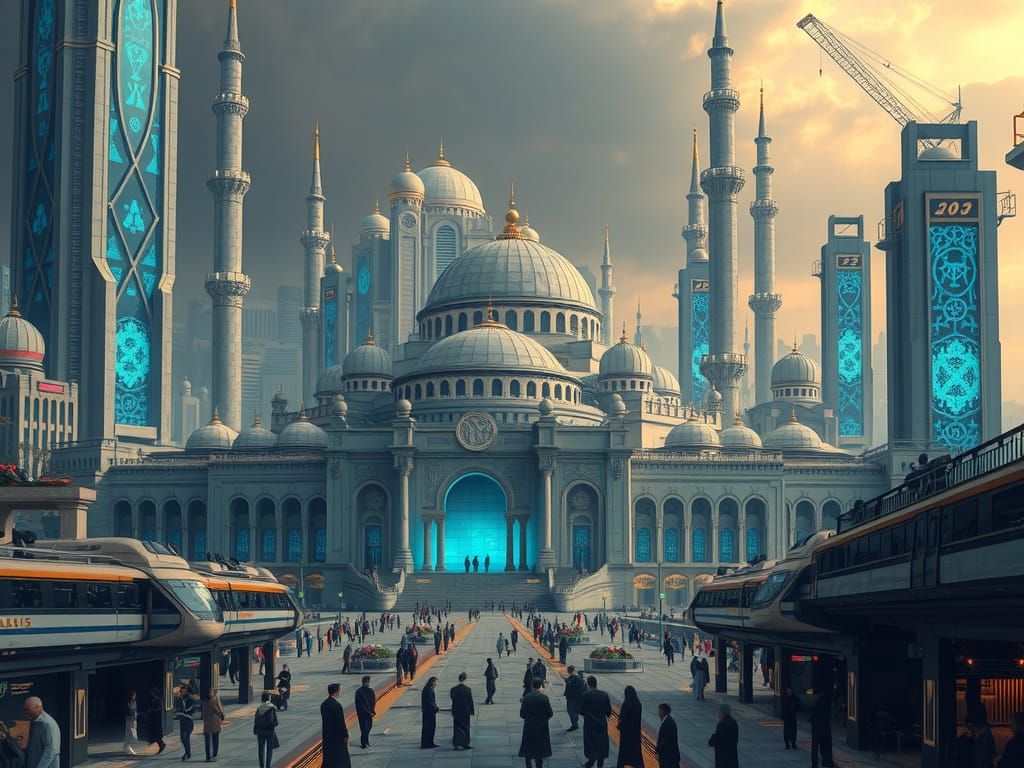 Futuristic Metropolis with Marble Mosque in Photorealistic S...