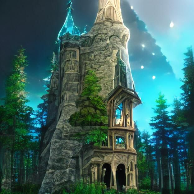 Night Forest Wizard's Tower with Skylight Spire
