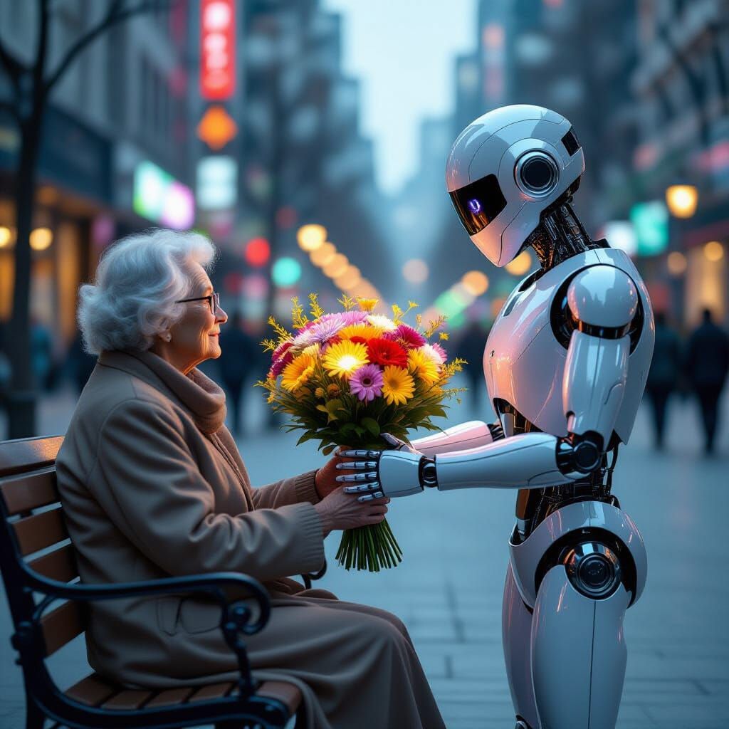 Robot Offers Bioluminescent Flowers in Futuristic City