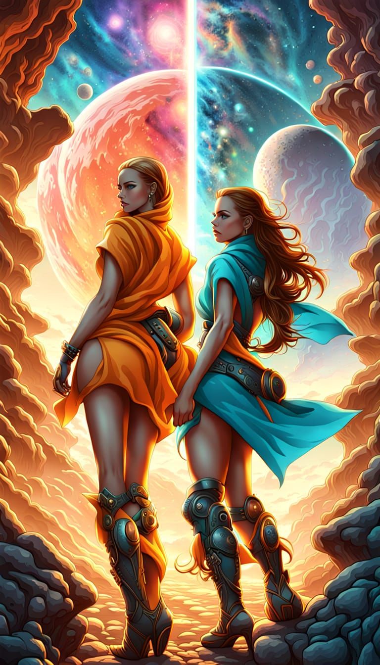 Sci-Fi: Two Explorers Embrace on Alien Worlds