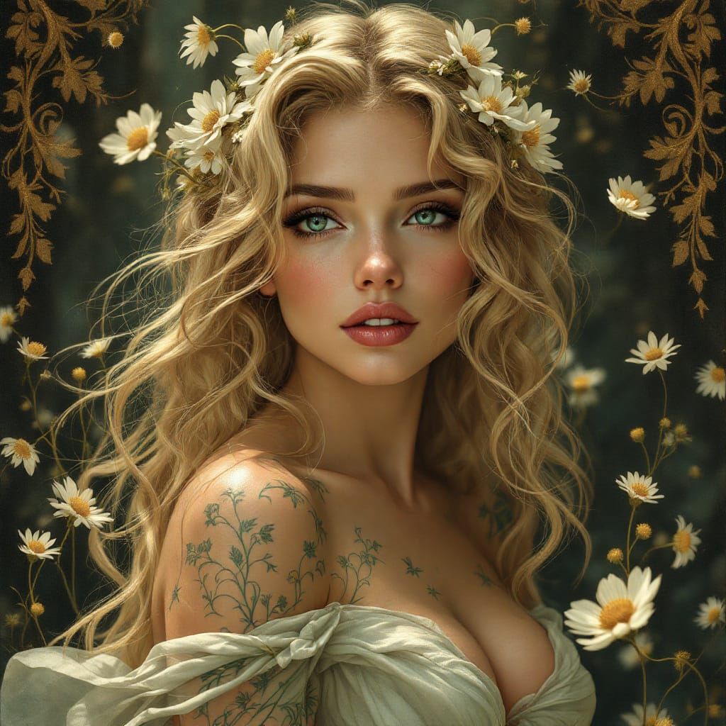 Baroque Forest Goddess with Filigree Tattoos in Oil
