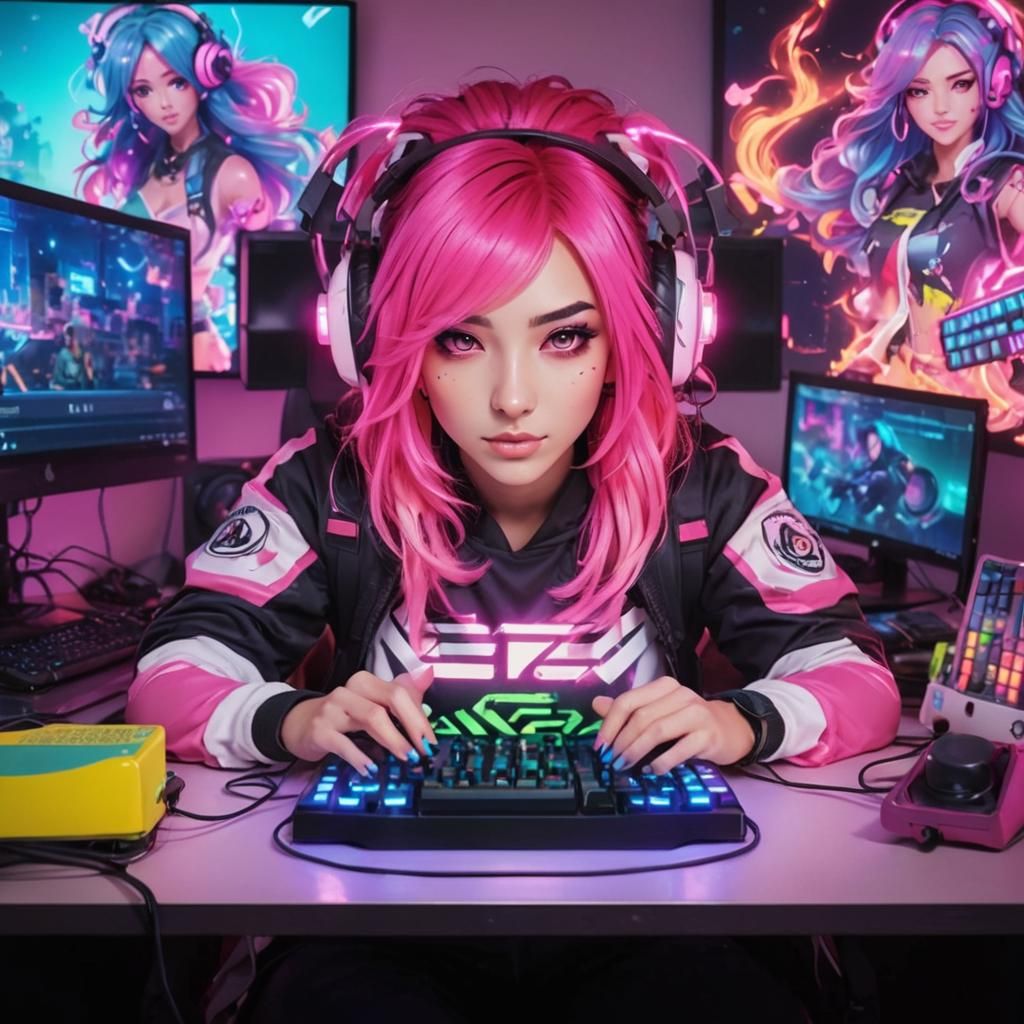 Vibrant Anime-Inspired Portrait of Girl Gamer