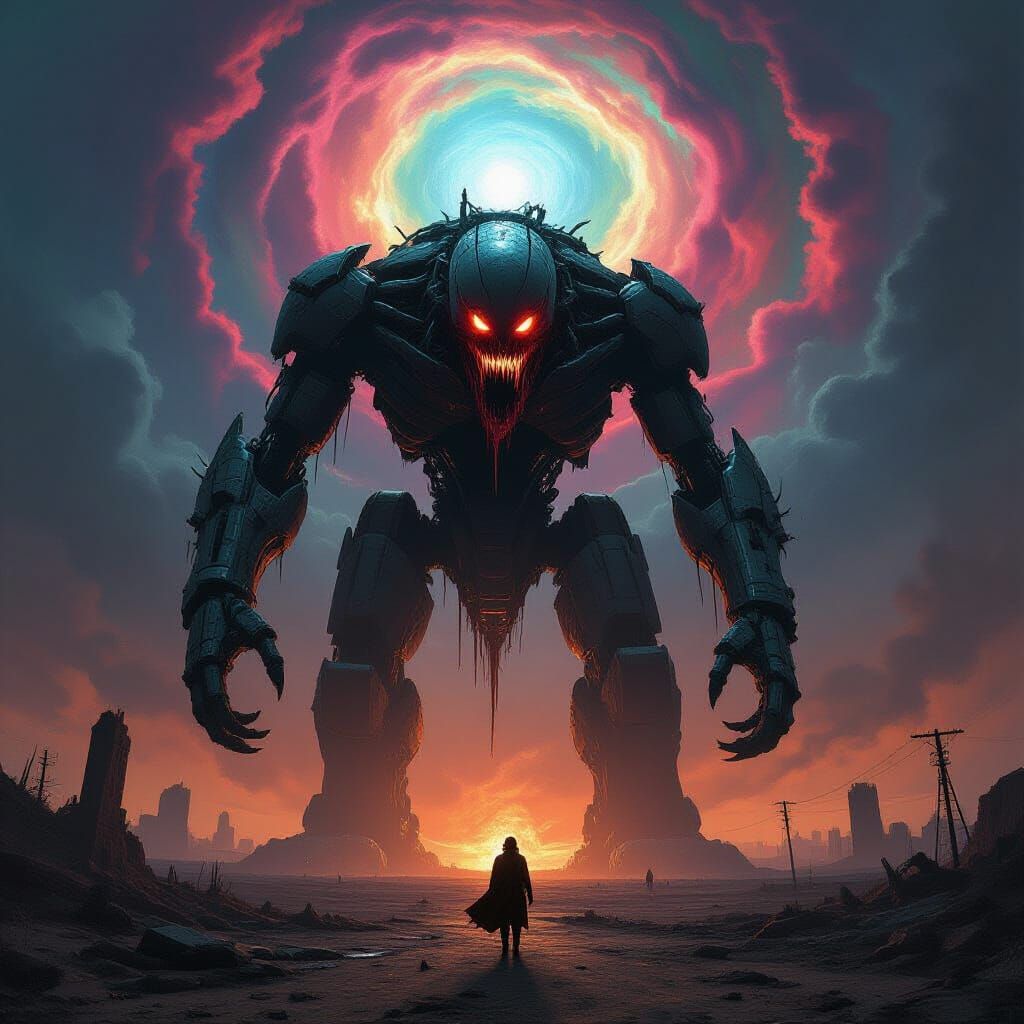 Bio-Mechanical Nightmare Creature in Desolate Wasteland