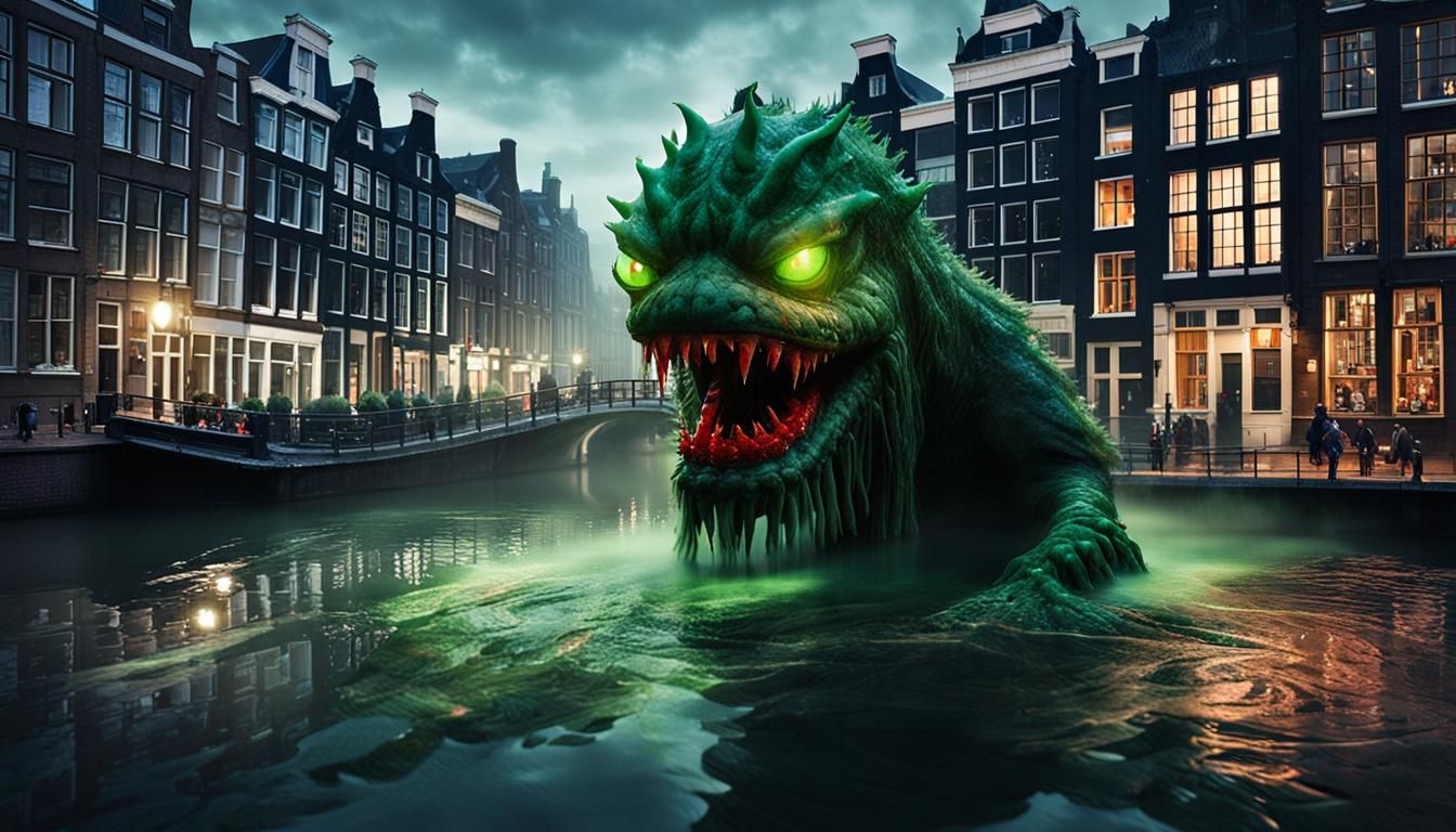 Water Monster Emerges in Amsterdam: Dark Fantasy Art