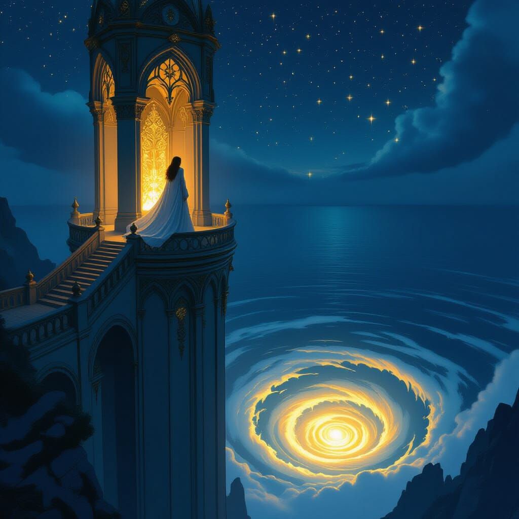 Ethereal Woman Watching Whirlpool from Tower