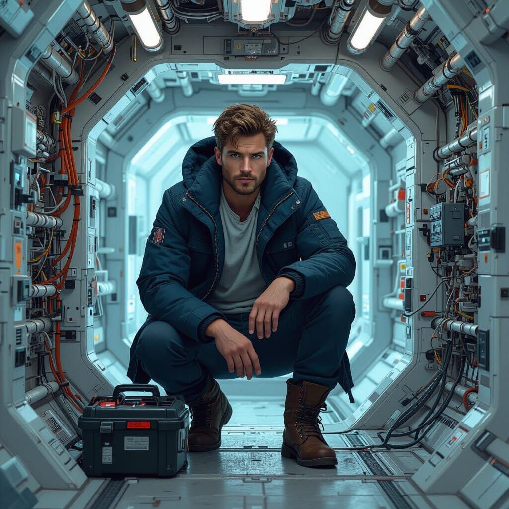 Starship Engineer Repairs Damage in Hyperrealistic Style