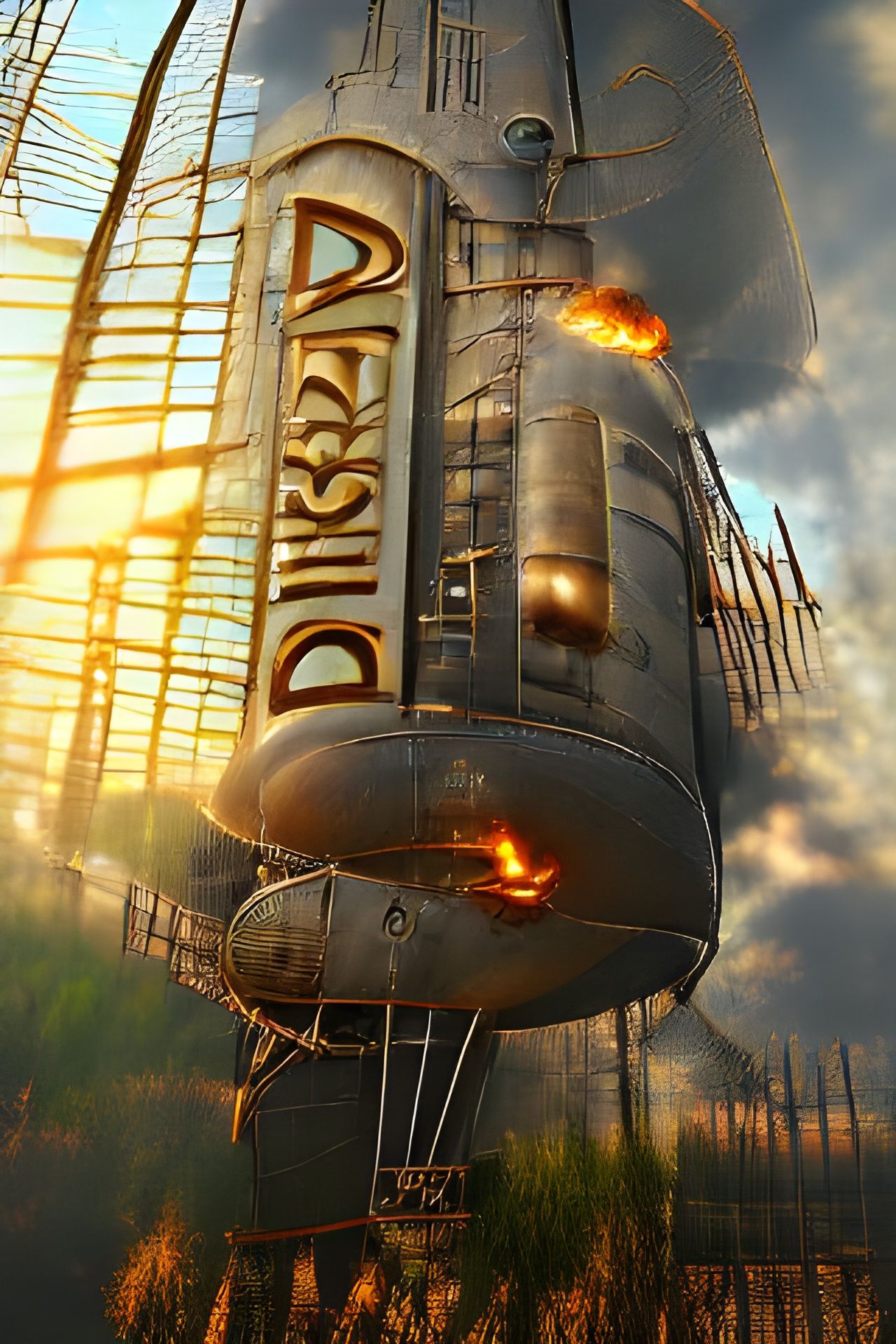 Burning Dieselpunk Airship Station in Art Deco Style