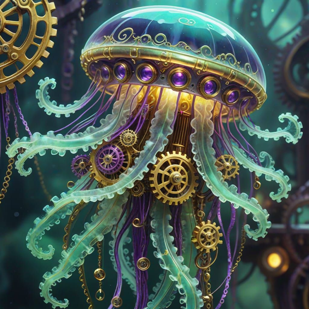 Steampunk Jellyfish in Gouache Style