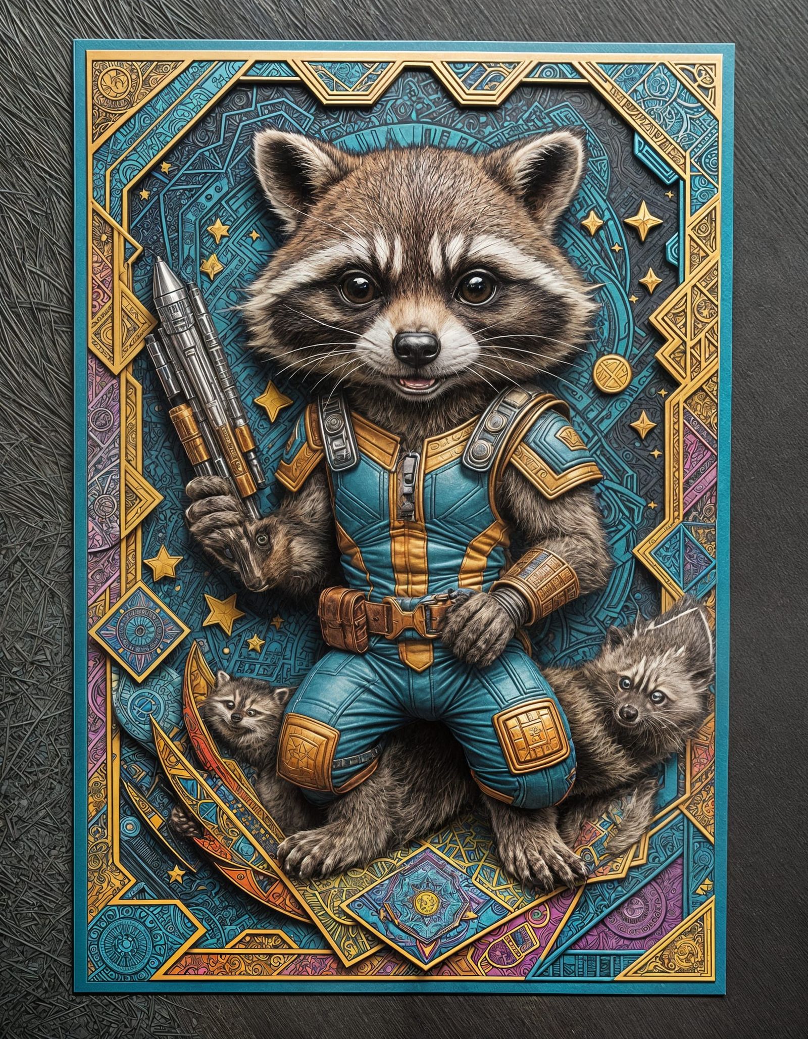 Rocket Raccoon 3D Card with Abstract Borders
