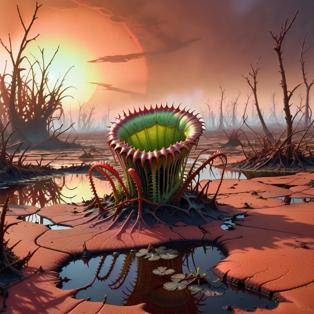 Surreal Mars Flytrap in Sci-Fi Landscape