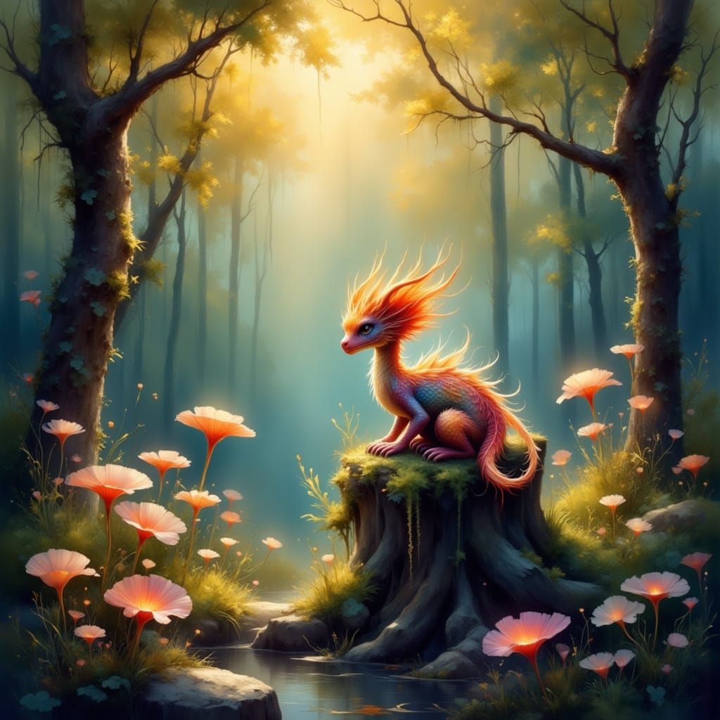 Baby Dragon in Impressionist Magical Forest