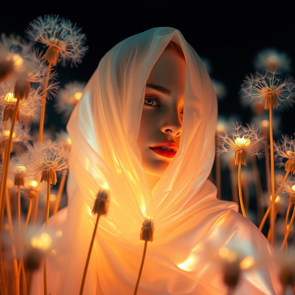 Ethereal Woman in Dandelion Dreamscape, Infrared Photography