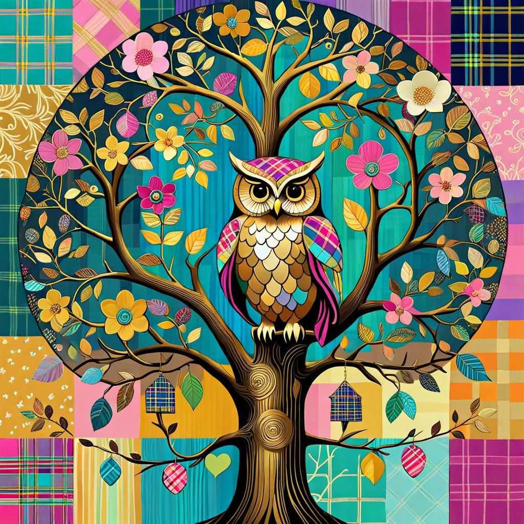Plaid Owl Digital Collage in Art Brut Style
